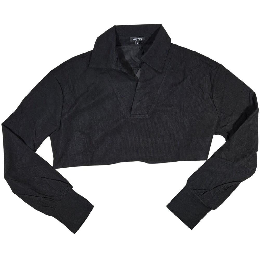 Area Stars Black Waffle Knit Cropped Polo Top Long‎ Sleeve Large ASDJF2338B